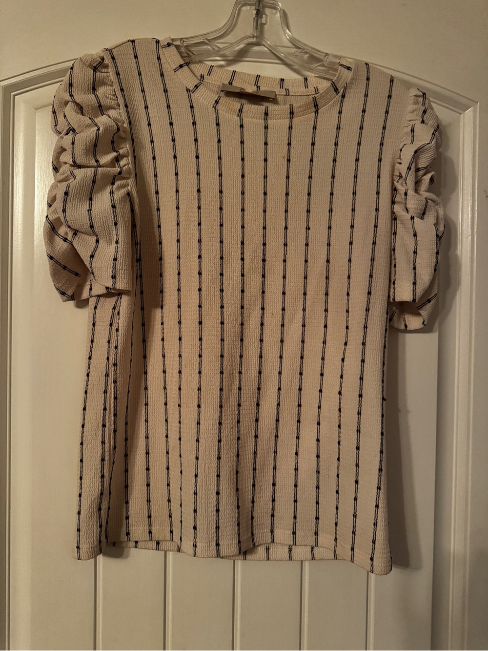 LOFT Cream Top with black Pinstripes and Puff Sleeves
